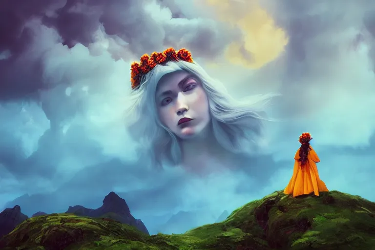 Image similar to giant dahlia flower crown under head, portrait girl on mountain, surreal photography, blue storm clouds, dramatic light, impressionist painting, digital painting, artstation, simon stalenhag