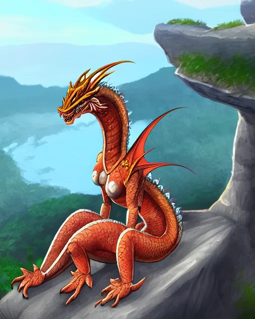 Image similar to digital illustration of a beautiful female dragon creature, scales, quadrupedal, sitting on the edge of a cliff overlooking a small medival village, | | epic - fine - clean, polished, trending on artstation, anime style, brush strokes