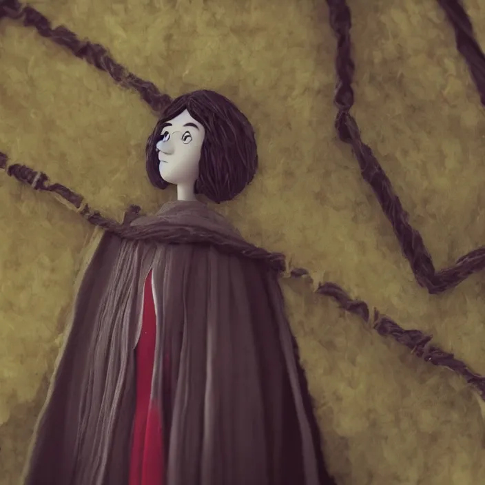 Image similar to a closeup portrait of a sad woman wearing a cloak made of ribbons, standing next to an empty swing playground, stop motion animation, claymation, anomalisa