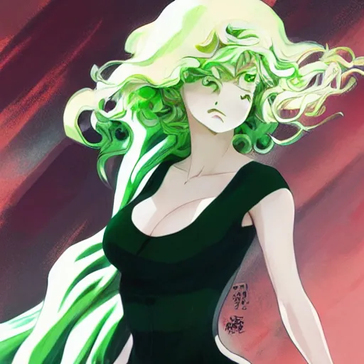 Image similar to tatsumaki from one punch man, green wavy hair, black dress, fine details, sharp focus, intricate, by cushart krenz, by makoto shinkai, by wlop, by artgerm