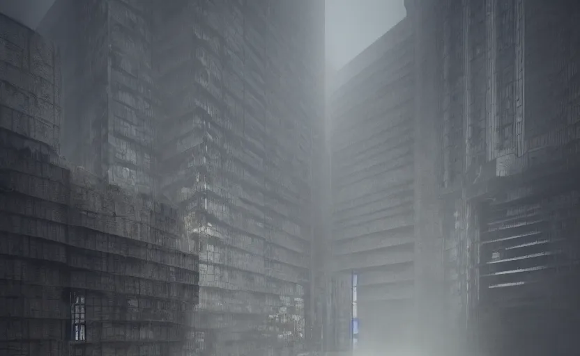 Prompt: Brutalist architecture buildings, gloomy and foggy atmosphere, octane render, artstation trending, horror scene, highly detailded