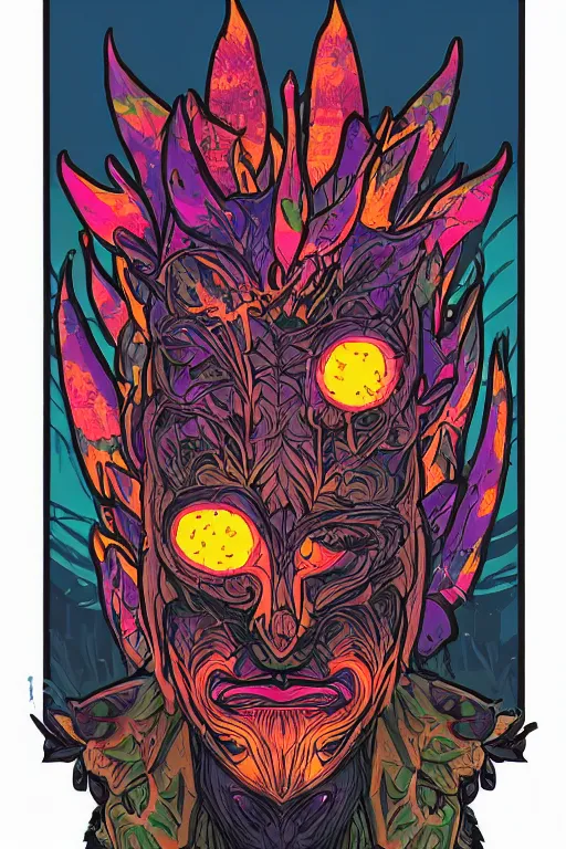 Image similar to animal mask totem roots flower tribal feather gemstone plant wood rock shaman vodoo video game vector cutout illustration vivid multicolor borderlands comics by josan gonzales and dan mumford radiating a glowing aura