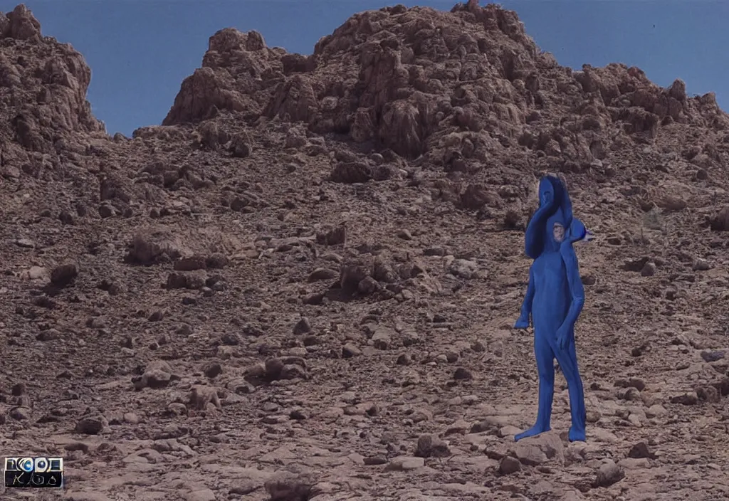 Image similar to mick jagger dressed in blue costume with many jewels in a dry rocky desert landscape, ultradetailed alien city and alien spaceship in the style of giger, filmed by christopher doyle and alejandro jodorowsky, anamorphic lens, kodakchrome, cinematic composition, masterpiece, 8 k