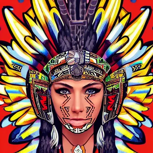 Image similar to character design, aztec warrior goddess with beautiful woman face, crown of very long feathers, full body, glowing aztec tattoos, beautiful,