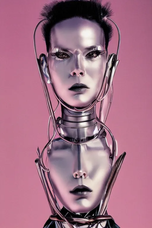 Image similar to portrait of a metal woman in the style of hajime sorayama, editorial photography from vogue magazine, photography