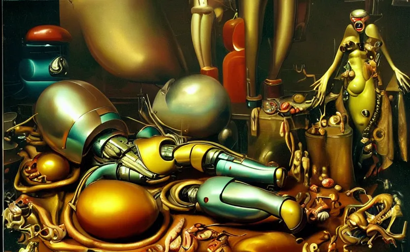Prompt: strange seductive futuristic robot body, enticing colorful oil painting dutch golden age vanitas still life perfect composition with bulbous objects strange gooey transparent surfaces shiny metal reflections bizarre mutant meat insects rachel ruysch dali todd schorr very detailed perfect composition rule of thirds masterpiece canon 5 0 mm, cinematic lighting, photography, film, kodachrome