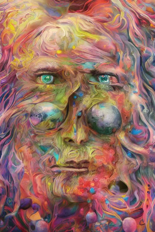 Image similar to hyperrealistic abstract close-up Renaissance psychedelic!! celestial happy! pure creature!! peaceful! kind spirit of nature! beautiful fractal!! eyes! highly detailed concept art eric zener elson peter cinematic hard rainbow lighting high angle hd 8k sharp shallow depth of field endless, inspired by Zdzisław Beksiński Salvador Dali