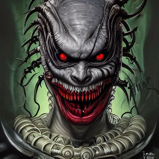 Image similar to lofi scorn giger alien venom joker biopunk portrait, Pixar style, by Tristan Eaton Stanley Artgerm and Tom Bagshaw.