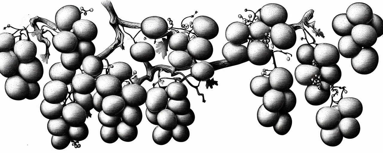 Prompt: a full page schematic diagram illustration of an oak branch with oak leaves and grapes, ultra detailed, 4 k, intricate, encyclopedia illustration, fine inking lines