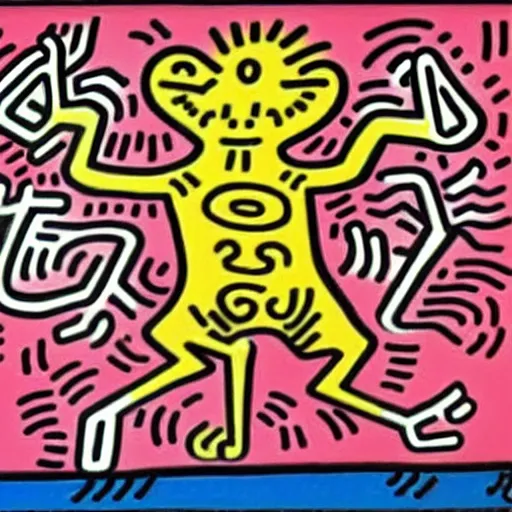 Prompt: a dancing cat with glasses by keith haring, detailed