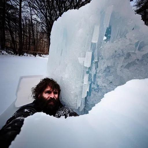 Prompt: recently discovered frozen solid caveman encased in a huge block of ice. national geographic. contest winning. trapped, stuck, fixed, immobile, surrounded, snowy