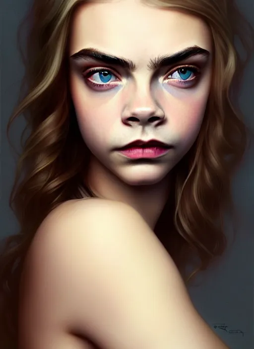 Image similar to half cara delevingne half Anya Taylor-Joy a pure gorgeous seductive angel, full body portrait, slight smile, diffuse natural sun lights, autumn lights, highly detailed, digital painting, artstation, concept art, sharp focus, illustration, art by wlop and greg rutkowski and alphonse mucha and artgerm