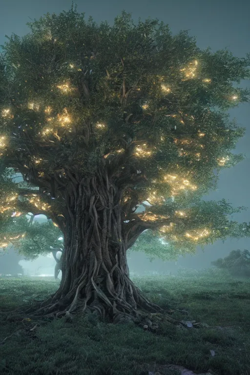 Image similar to the tree of life by tyler edline and disney. hyperdetailed, realistic, artststion, unreal engine, octane render, night, raining, dark, volumetric lights, 8 k, 4 k