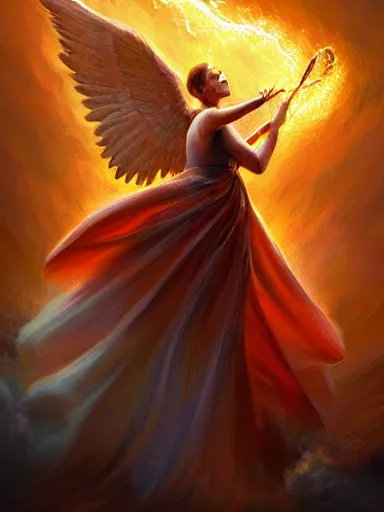 Prompt: a beautiful angel blowing a trumpet. fire rain during apocalypse. intricate, elegant, highly detailed, digital painting, artstation, concept art, sharp focus, illustration, by justin gerard and artgerm, 8 k