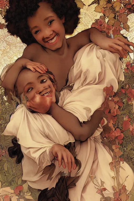 Prompt: carefree black children smiling and laughing, crisp digital painting by artgerm by mucha by caravaggio and face by wlop