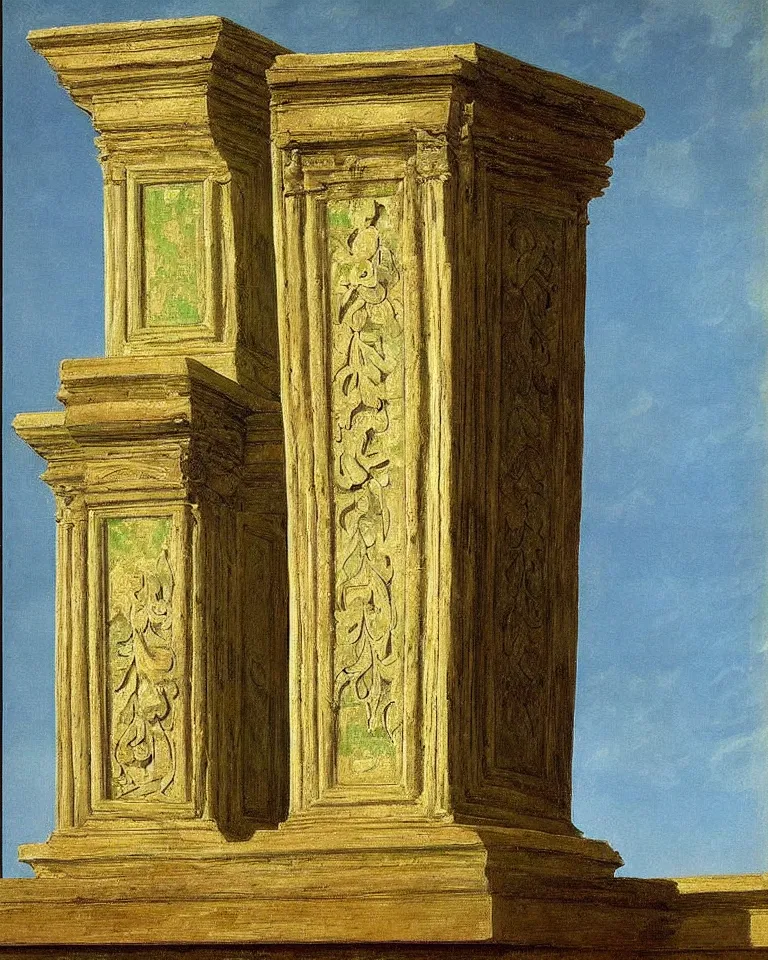 Image similar to achingly beautiful painting of intricate ancient roman corinthian capital on emerald background by rene magritte, monet, and turner. giovanni battista piranesi.