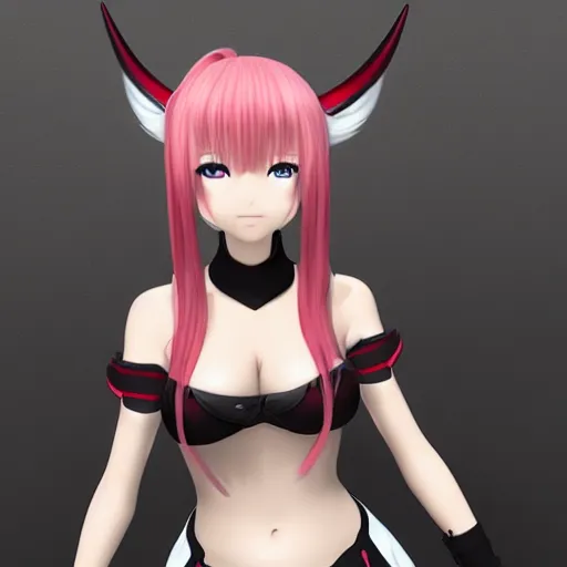 Image similar to anime girl, 3 d rendered, red eyes, white haired, horn on head, cute