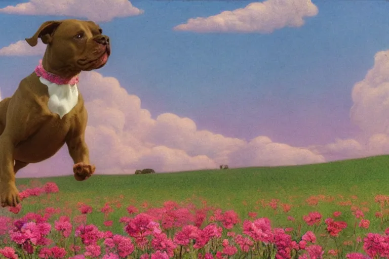 Prompt: a staffordshire terrier in a pink baby dress running through a field of flowers, in the style of maxfield parrish