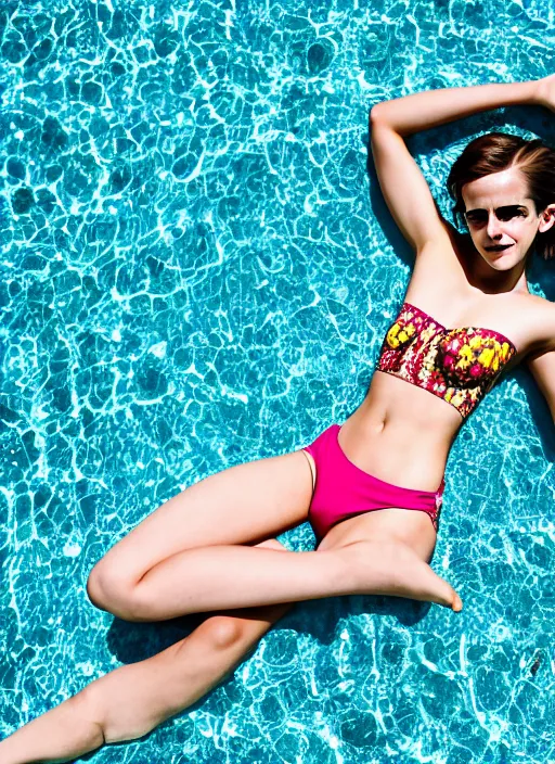 Image similar to Emma Watson for Victorian Secret, perfect face, hot summertime hippie, psychedelic swimsuit, in a sun lounger, pool, cloudy day, full length shot, shooting angle from below, XF IQ4, 50mm, f/1.4, ISO 150, 1/250s, natural light, Adobe Photoshop, Adobe Lightroom, DxO Photolab, Corel PaintShop Pro, rule of thirds, symmetrical balance, depth layering, Sense of Depth