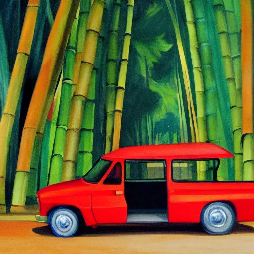 Image similar to a red daihatsu delta truck parked in the apex of a curve with the road surrounded by a canopy of bamboo trees, the shadows of the leaves are proyected onto the road painting by edward hopper