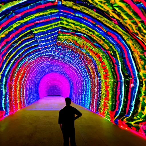 Image similar to a man standing in a tunnel with a colorful background, an abstract sculpture by huang ding, featured on dribble, interactive art, made of insects, biomorphic, irridescent