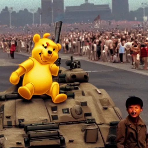 Prompt: Winnie the Pooh riding a tank in Tiananmen square, June 5, 1989, hyperrealistic, photorealistic, ultra hd, 4k, award-winning, cinematic lighting, historic, ominous