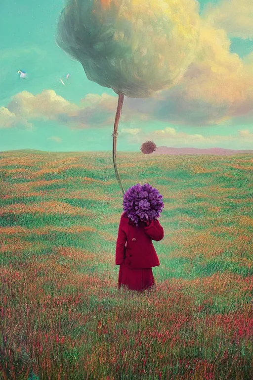 Prompt: portrait, giant flower as a head, a girl wearing a coat in heather field, surreal photography, wind and cold, dramatic sky, impressionist painting, digital painting, artstation, simon stalenhag