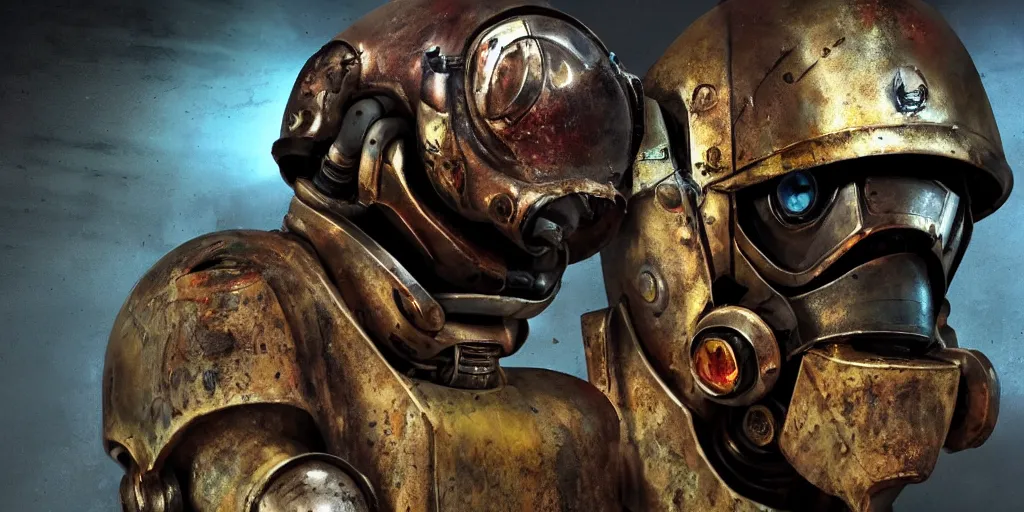 Image similar to an alien robot cop, rusty helmet, cyberpunk, fallout 5, studio lighting, deep colors, apocalyptic setting