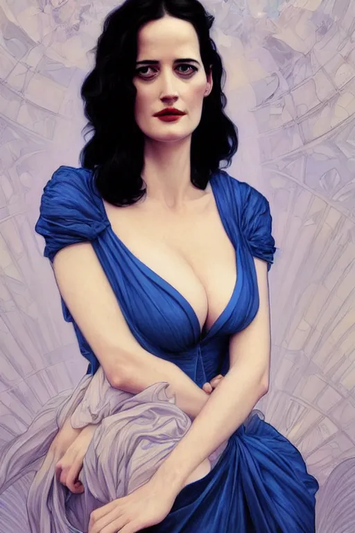 Image similar to eva green in a blue dress, realistic portrait, symmetrical, highly detailed, digital painting, artstation, concept art, smooth, sharp focus, illustration, cinematic lighting, art by artgerm and greg rutkowski and alphonse mucha