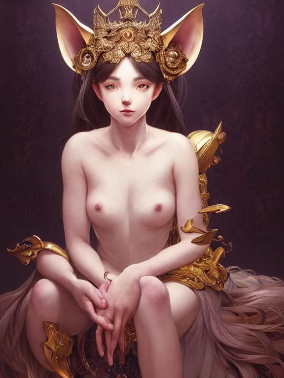 Image similar to full body picture of a girl with wolf ears sitting on the throne, bored, beautiful and aesthetic, intricate, unreal engine, neat hair, highly detailed, detailed face, smooth, sharp focus, chiaroscuro, manga illustration, artgerm, greg rutkowski, ilya kuvshinov, rossdraws, alphonse mucha, young adult light novel cover art