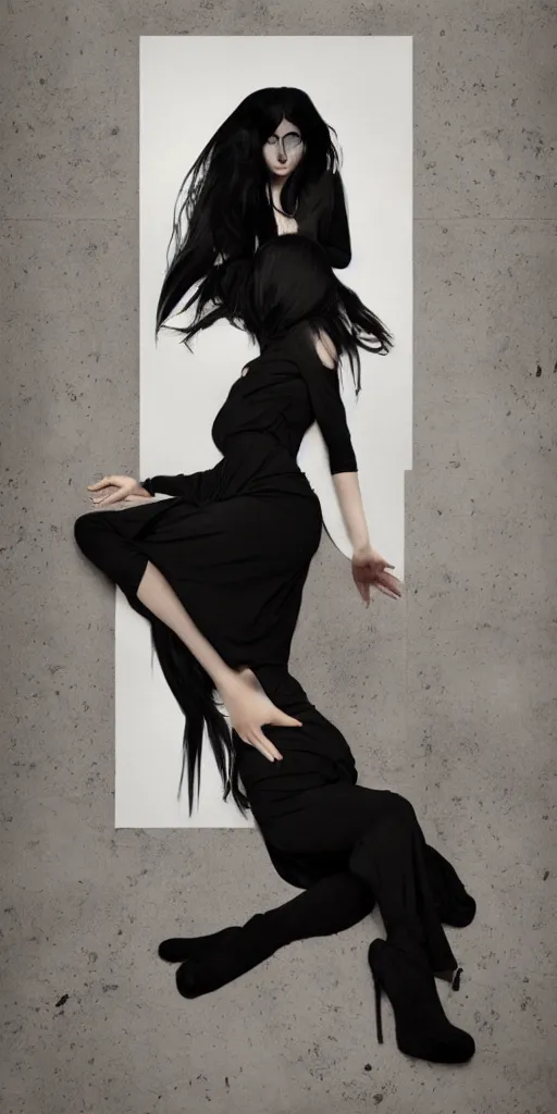 Image similar to a young girl with straight long black hair wearing black dress sitting in bathroom floor, poster by artgem, greg rutkowski and mario testino