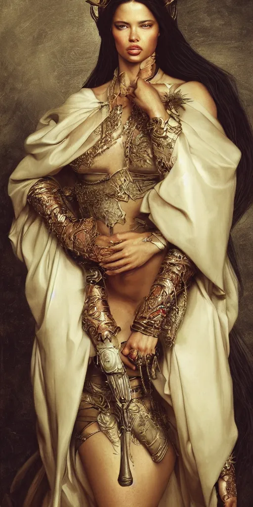 Prompt: the portrait of adriana lima as queen in intricate dress by roberto ferri, fantasy, witcher, very detailed oil painting, masterpiece, 8 k