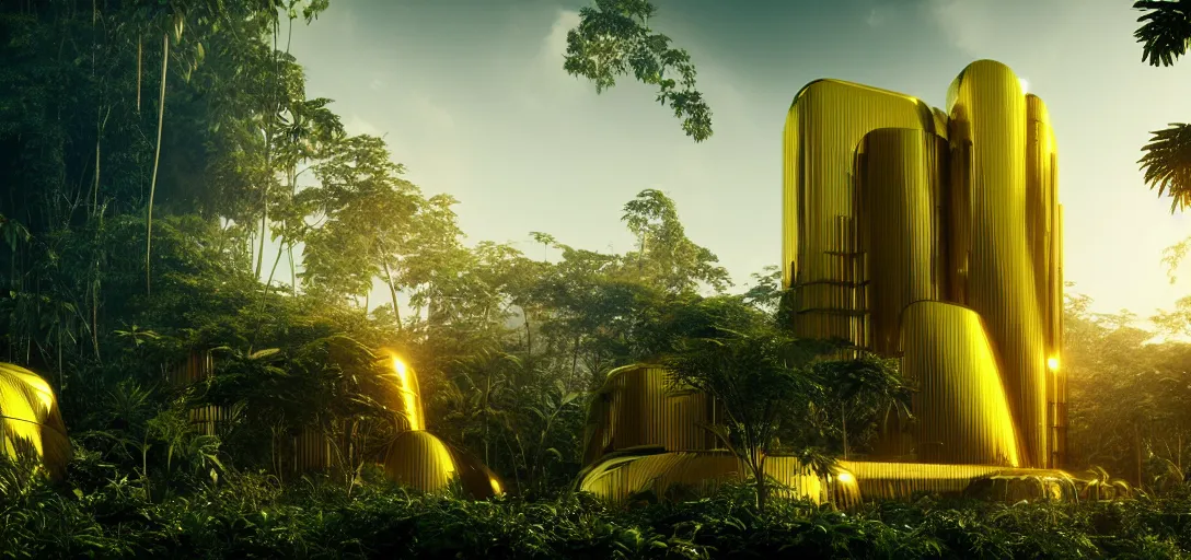 Prompt: futuristic shinny golden building in an jungle landscape of a biopunk city by taras shevchenko and wlop, movie poster, golden ratio, evening lighting, film still, realistic, octane render redshift arnold materials unreal engine, 8 k post production, hyper detailed