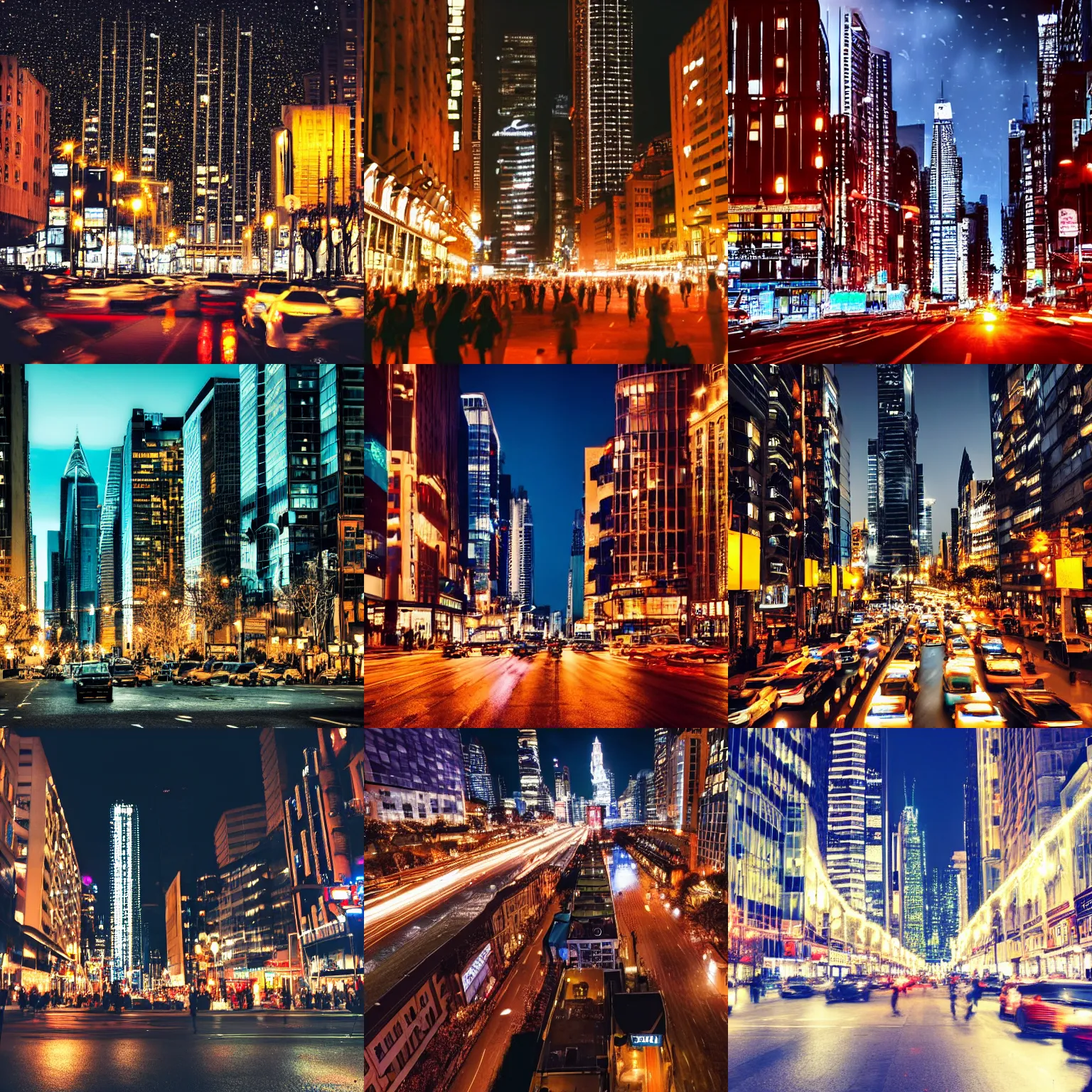 Prompt: a cityscape at night, twinkling lights, busy streets, tall buildings, hectic