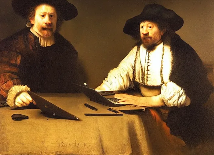 Prompt: man and macbook pro. painting by rembrandt