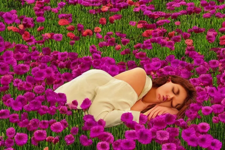 Image similar to close-up flower field with sleeping woman, retrofuturism