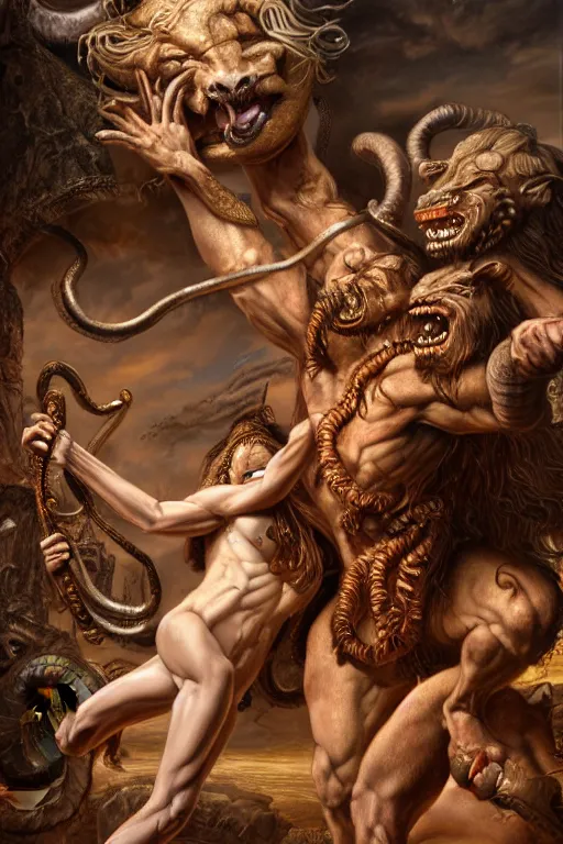 Image similar to minotaur vs medusa gorgon, realistic, detailed, highly detailed, hyper detailed, high definition, extremely detailed oil painting, beautiful composition, trending on artstation, award - winning photograph, masterpiece, intricate, portrait, 8 k highly professionally detailed, hdr, cgsociety