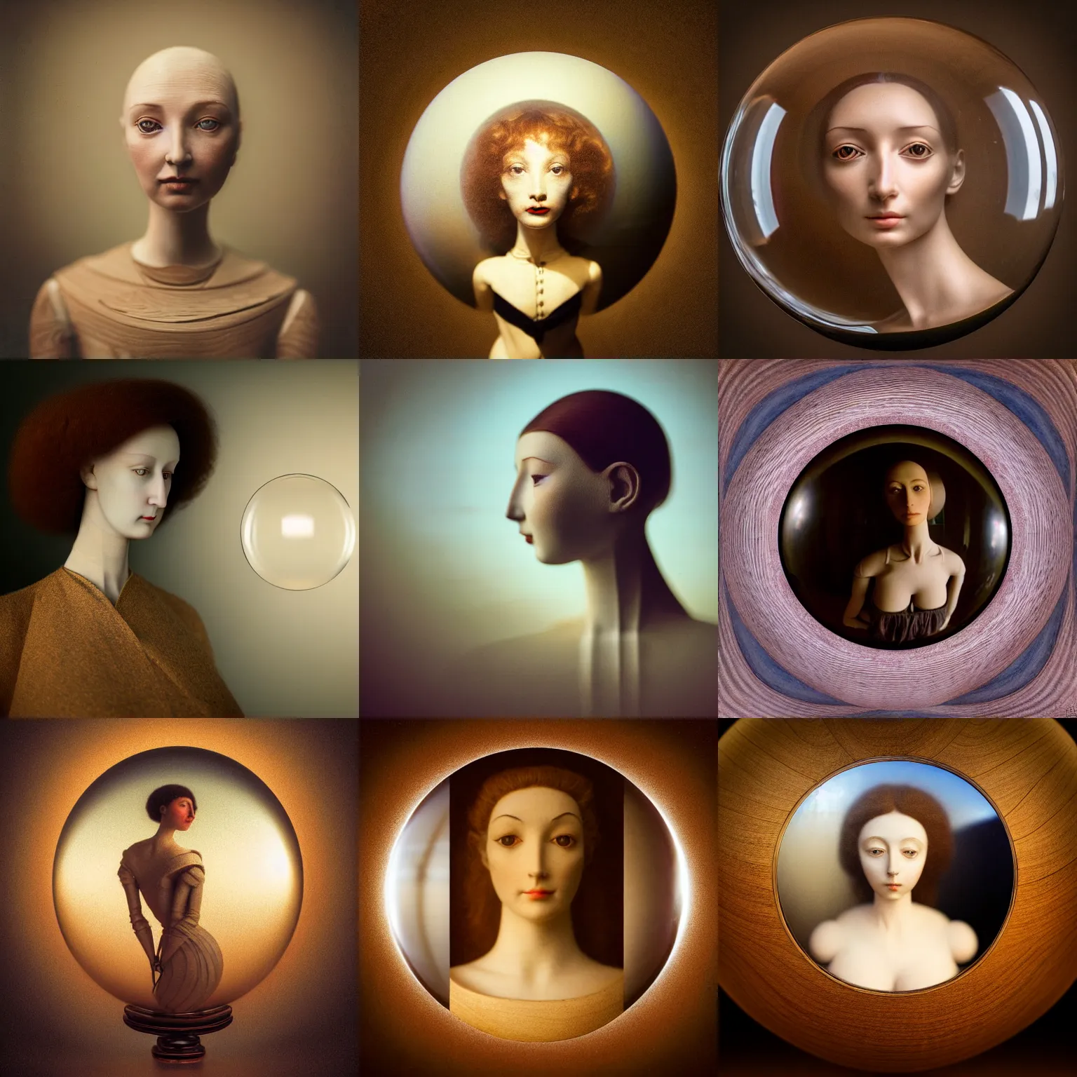 Prompt: photo sphere photograph portrait of a beautiful female jointed wooden art doll as seen through a glass ball glass sphere photography prop, canon 5 d, professional photography, dslr, by agostino arrivabene, by fernand khnopff, by raphael, rendered in octane, photorealistic, surreal, mysterious