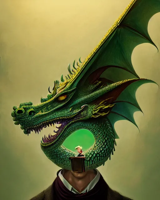 Image similar to anthropomorphic art of a businessman dragon, green dragon, dragon head, portrait, victorian inspired clothing by artgerm, victo ngai, ryohei hase, artstation. fractal papers and books. highly detailed digital painting, smooth, global illumination, fantasy art by greg rutkowsky, karl spitzweg