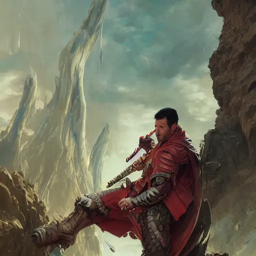 Image similar to portait of a adam sandler swinging his long sword, front game card, drark, marvel comics, dark, intricate, highly detailed, smooth, artstation, digital illustration by ruan jia and mandy jurgens and artgerm and wayne barlowe and greg rutkowski and zdislav beksinski