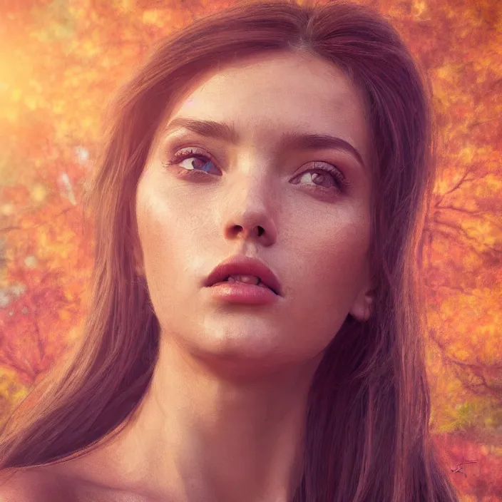Prompt: portrait of a beautiful woman. very coherent symmetrical artwork. cinematic, hyper realism, high detail, 8k, soft autumn sunlight, natural background, 50 mm lens photography
