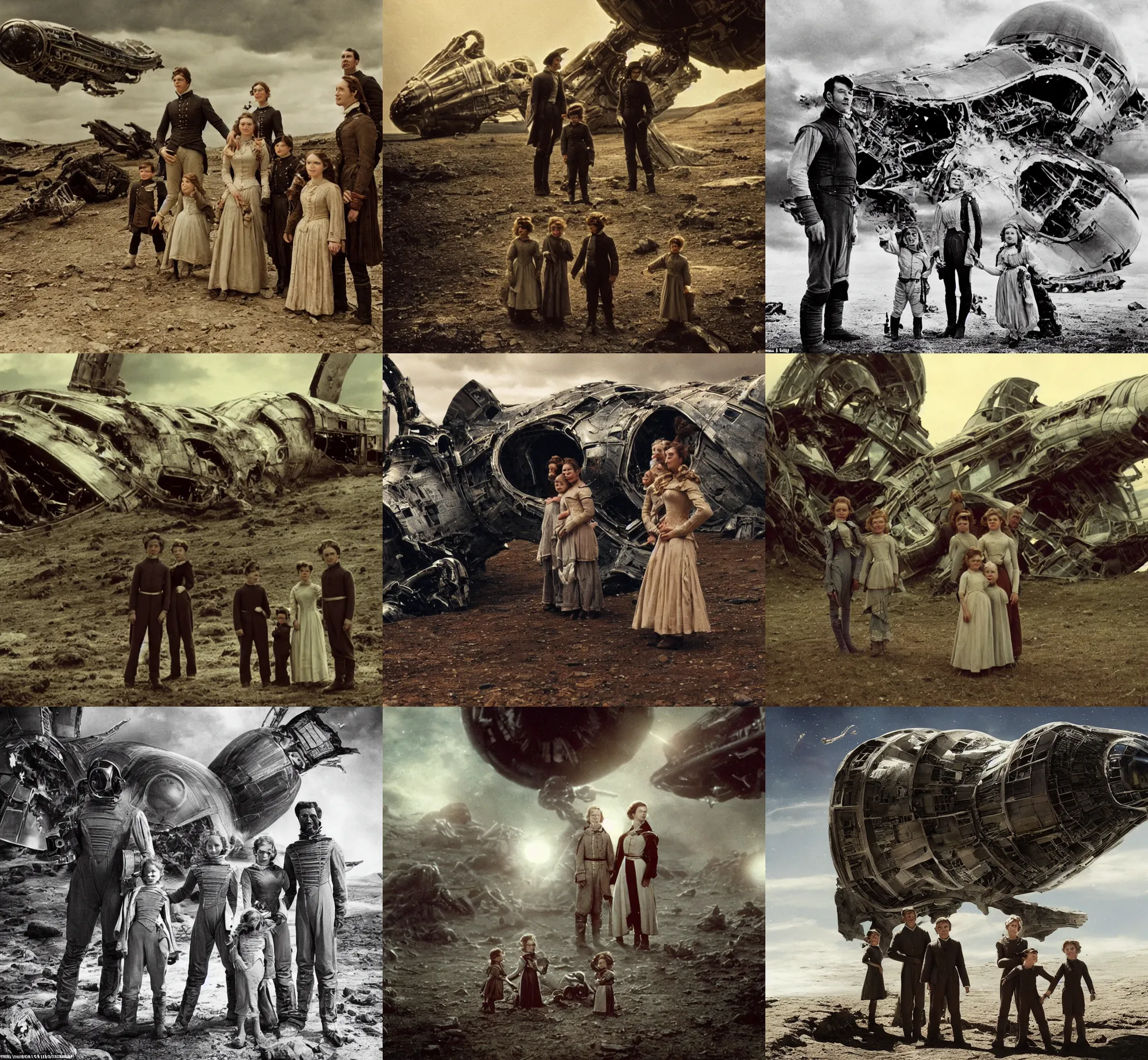 Prompt: extremely sharply detailed, film from blockbuster 9 6 k sci fi color movie freeze frame, set 1 8 6 0, family standing in front of crashed spaceship, on alien planet, looking happy, wearing 1 8 5 0 s era clothes, atmospheric lighting, in focus, reflective eyes, 9 9 9 mm macro lens, live action, nice composition and photography, clear faces