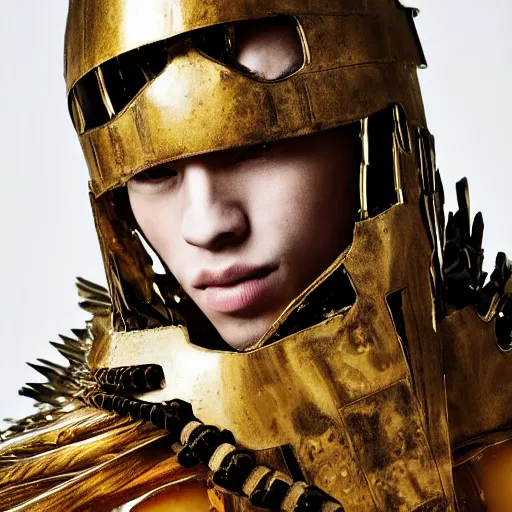 Image similar to a portrait of a beautiful young male wearing an alexander mcqueen armor made of honey , photographed by andrew thomas huang, artistic