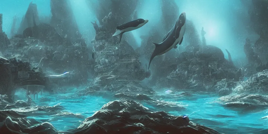 Prompt: civilization underwater created by orcas, submerged city made with coral and rock by killer whales, fantasy scifi illustration