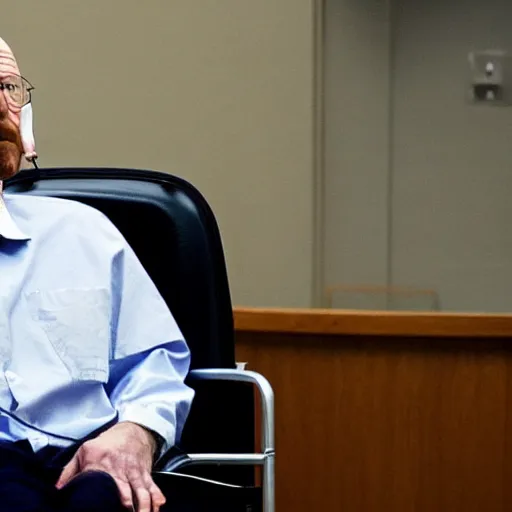 Image similar to walter white with no beard, wearing a clear plastic oxygen mask, sitting in a wheelchair in a courtroom.