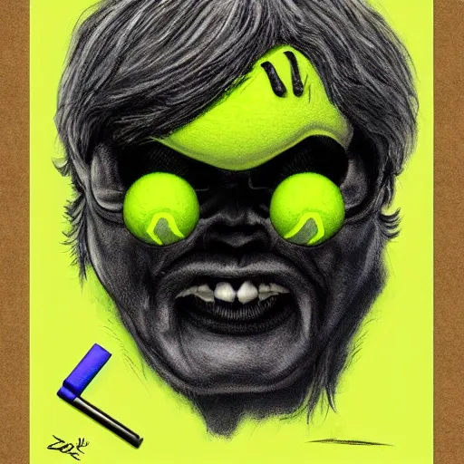 Image similar to a Jack Black monster tennis ball, chalk, digital art, fantasy, magic, trending on artstation, ultra detailed, professional illustration by Basil Gogos