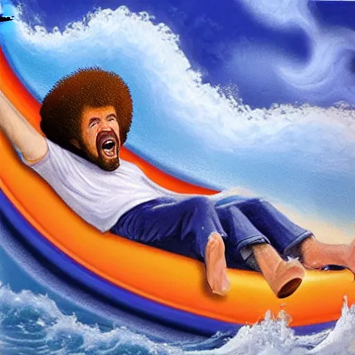 Prompt: bob ross screaming down a giant water slide