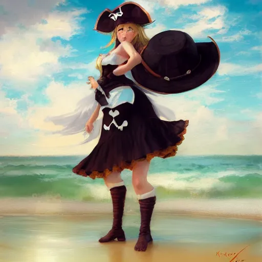 Prompt: dancing milk maid woman wearing a pirate hat shore seascape in the style of Krenz Cushart