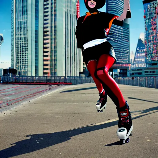 Image similar to Jet Set Radio, Teenage girl, French girl, black beret, black beret with a red star, black shirt with red star, black leather shorts, parkour, freerunning, rollerblading, rollerskates, city on a hillside, colorful buildings, futuristic city