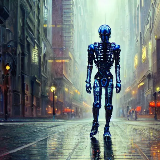 Prompt: humanoid cyborg sci - fi liquid man walks through the center of a city, extremely detailed oil painting, 1 9 2 0's colored pencil, highly detailed, highly accurate, deep aesthetic, 8 k, highly ornate intricate details, cinematic lighting, rich colors, beautiful scenic view, ray tracing, hyperrealistic, photorealistic, cinematic landscape, trending on artstation, concept art,